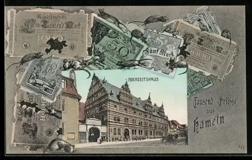 AK Hameln, Partie am Hochzeitshaus mit Reichsmarkscheinen im Passepartout