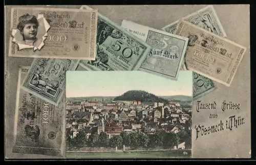 AK Pössneck i. Thür., Teilansicht im Geldschein, Passepartout