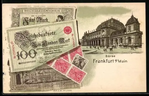 Geld-AK Frankfurt a. Main, Aussenansicht der Börse mit Geldscheinen im Passepartout