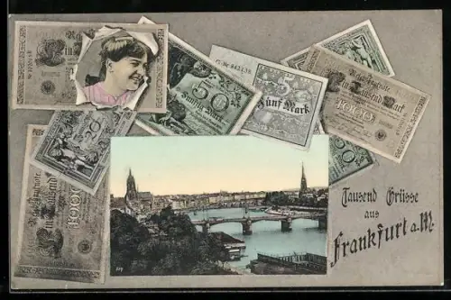 AK Frankfurt a. M., Teilansicht mit Brücke, Reichsmarkscheine im Passepartout