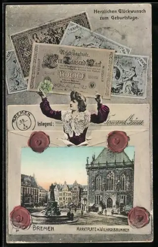 AK Bremen, Reichsbanknoten, Marktplatz m. Wilhadibrunnen, Geld
