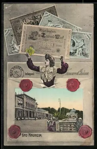 AK Bad Nauheim, Ortspartie mit Restaurant und Reichsmarkscheinen im Passepartout