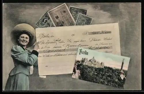 AK Berlin-Tiergarten, Partie an der Siegessäule mit Reichsmarkscheinen im Passepartout