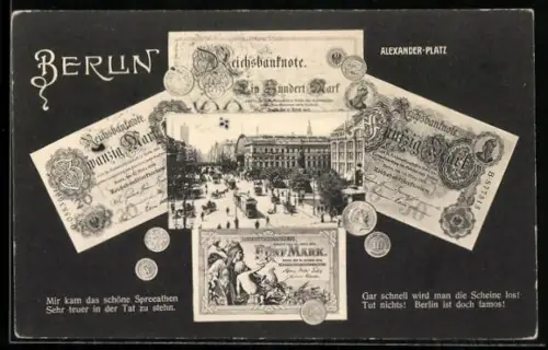 AK Berlin, Partie am Alexanderplatz mit Strassenbahn und Reichsmarkscheinen im Passepartout