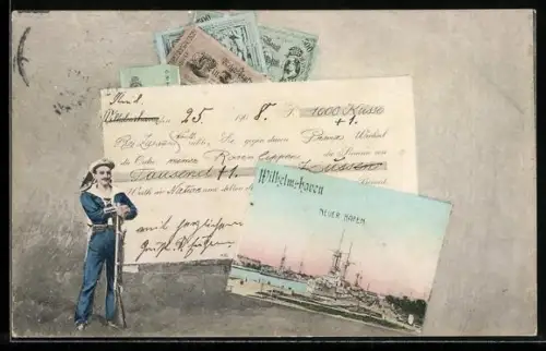 AK Wilhelmshaven, Partie am Neuen Hafen mit Kriegsschiffen und Reichsmarkscheinen sowie Matrosen im Passepartout