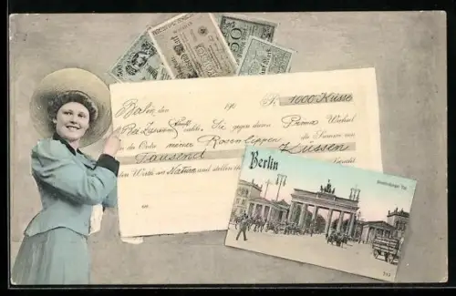 AK Berlin-Tiergarten, Partie am Brandenburger Tor mit Reichsmarkscheinen im Passepartout