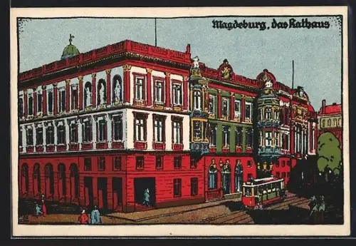 Steindruck-AK Magdeburg, Partie am Rathaus, Strassenbahn