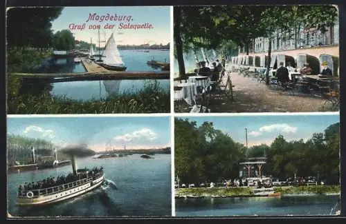 AK Magdeburg, Dampfer in voller Fahrt, Sitzplätze am Wasser