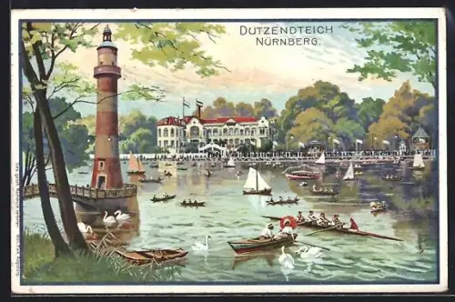 Lithographie Nürnberg, Dutzendteich mit Ruderern und Schwänen