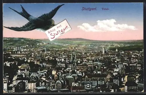 AK Stuttgart, Totalansicht mit Schwalbe über der Stadt