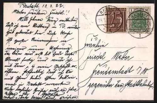 AK Rastatt, Kaiserstr. mit Denkmal