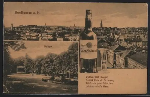 AK Nordhausen a. H., Teilansicht, Gehege, Flasche Nordhäuser-Wein, Reklame