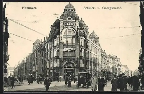 AK Hannover, Schiller- und Georgstrasse, Strassenbahn