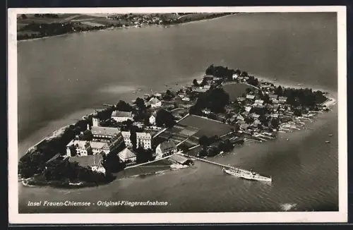 AK Frauen-Chiemsee, Original-Fliegeraufnahme der Insel mit Dampfer