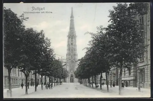 AK Stuttgart, Johannesstrasse mit Kirche