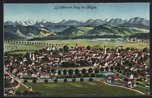 Künstler-AK Isny im Allgäu, Teilansicht mit Kirche