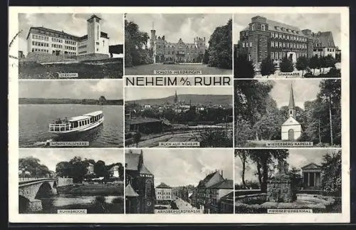 AK Neheim a. d. Ruhr, Lyzeum, Arnsbergerstrasse, Krieger-Ehrenmal, Sparkasse, Möhnetalsperre
