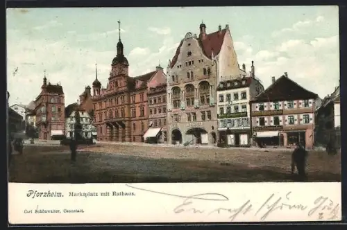 AK Pforzheim, Marktplatz mit Rathaus