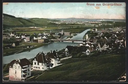AK Untertürkheim, Blick über den Neckar mit Brücke und Ortsansicht