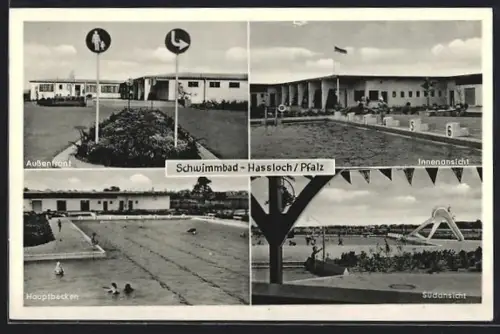 AK Hassloch /Pfalz, Schwimmbad, Aussenfront, Innenansicht, Hauptbecken