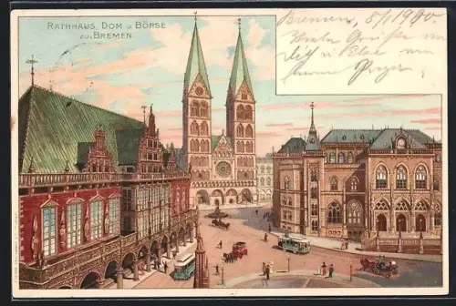 Lithographie Bremen, Rathaus, Dom und Börse