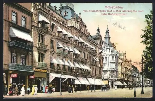AK Wiesbaden, Wilhelmsstrasse, Hotel Metropole, Café Hohenzollern
