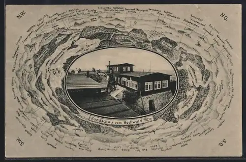 AK Hochwald /Lausitzer Gebirge, Rundschau vom Hochwald 752 m mit Aussichtsgebäude