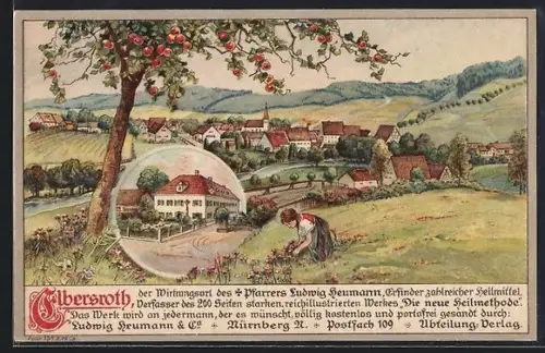 Künstler-AK Elbersroth, Wirkungsort des Pfarrers Ludwig Heumann, Ortsansicht mit Apfelbaum