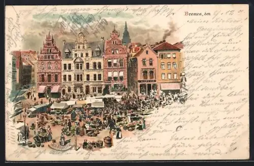 Lithographie Bremen, Belebter Marktplatz mit Marktständen