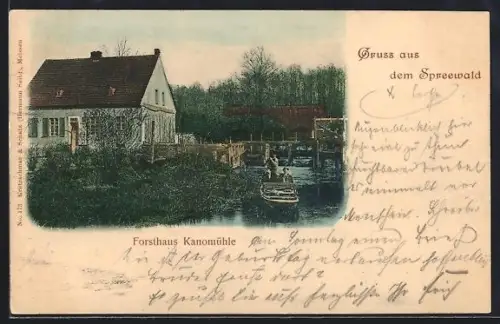AK Kanomühle /Spreewald, Forsthaus mit Kähnen