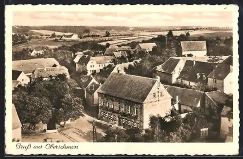 AK Oberschmon, Gasthaus zu den drei Linden, Inh. Bernh. Mikus, Dorfansicht