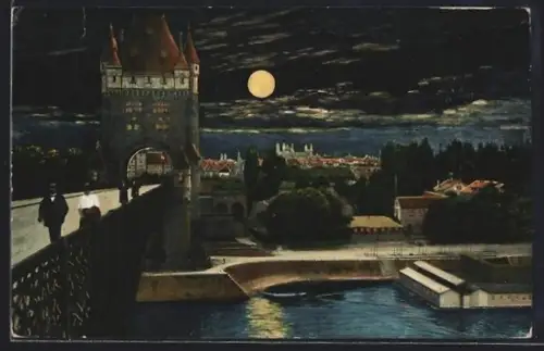 Goldfenster-AK Worms a. Rh., Ernst Ludwig-Brücke bei Nacht mit leuchtenden Fenstern