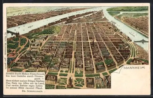 Lithographie Mannheim, Stadtansicht aus der Vogelschau