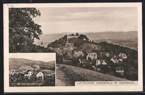 AK Lindenfels im Odenwald, Ortsansicht mit Burg, Kirche und Villa Kreuzer u. Böhringer