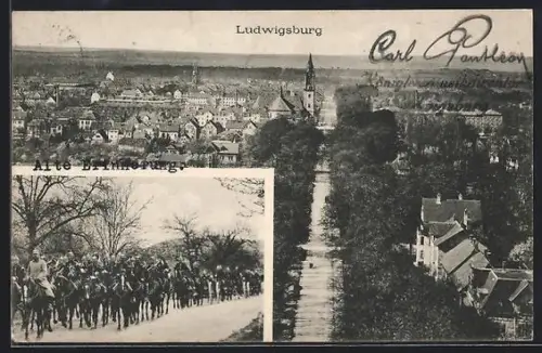 AK Ludwigsburg, Stadtansicht mit Kirche, baumgesäumter Allee und Reitertrupp