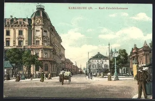 AK Karlsruhe i. B., Karl-Friedrichstrasse, Strassenansicht
