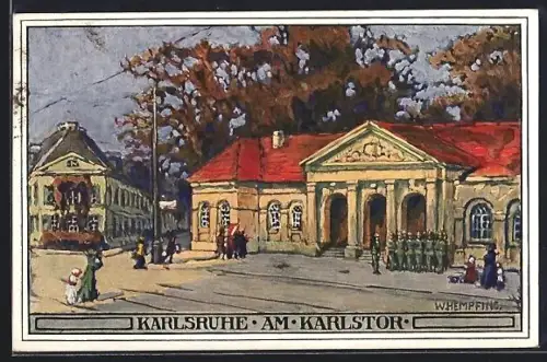 Künstler-AK Karlsruhe, Am Karlstor, Soldaten und Passanten