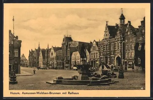 AK Husum, Asmussen-Woldsen-Brunnen mit Rathaus