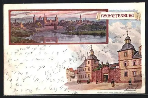 Künstler-AK Aschaffenburg, Ortspanorama und Schloss