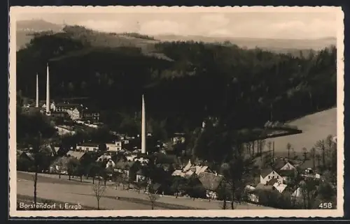 AK Borstendorf i. Erzgeb., Dorfansicht mit Fabrikschloten