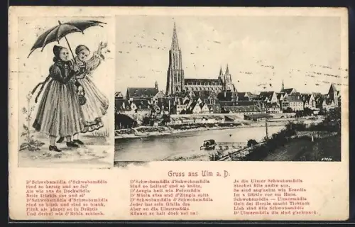 AK Ulm a. D., Ulmer Münster, Donauansicht, Mädchen in Tracht