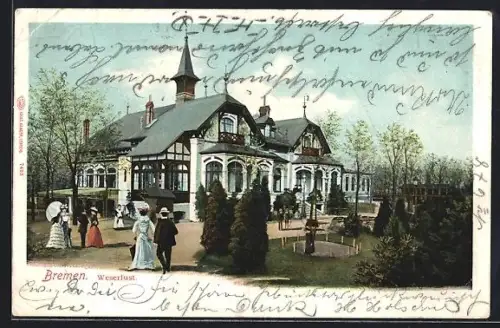 AK Bremen, Weserlust, Pavillon an der Weser mit Promenade