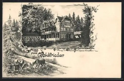 AK Mühlhausen /Thür., Hotel-Pension Waldfrieden, Waldansicht, Hirsche
