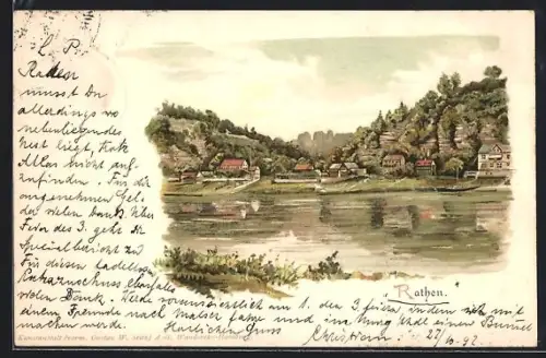 Lithographie Rathen, Ortsansicht mit Elbe und Felsen
