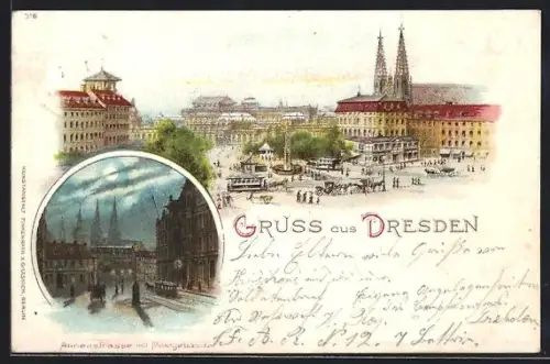 Lithographie Dresden, Annenstrasse mit Postgebäude, Platz mit Kirche und Strassenbahn