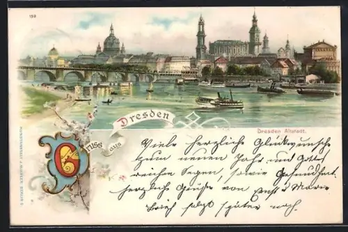 Lithographie Dresden, Altstadt, Elbbrücke, Stadtsilhouette