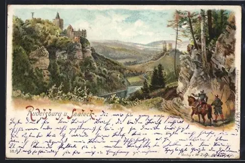 Lithographie Weissenfels, Blick auf Rudelsburg u. Saaleck, Flusslandschaft, Reiter auf Waldweg