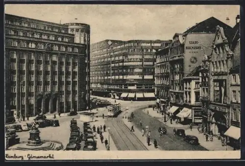 AK Hamburg-Neustadt, Gänsemarkt, Stadtbäckerei, Strassenbahn, Brunnen