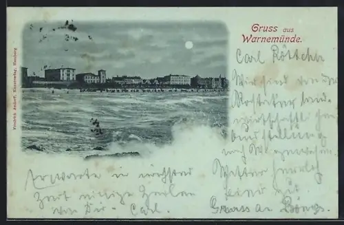 Mondschein-AK Warnemünde, Strandpromenade und Seeblick