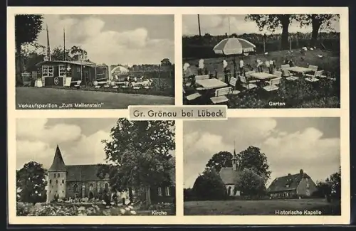 AK Gr. Grönau bei Lübeck, Verkaufspavillon Zum Meilenstein, Inh. Max Hinz, Kirche, historische Kapelle, Garten